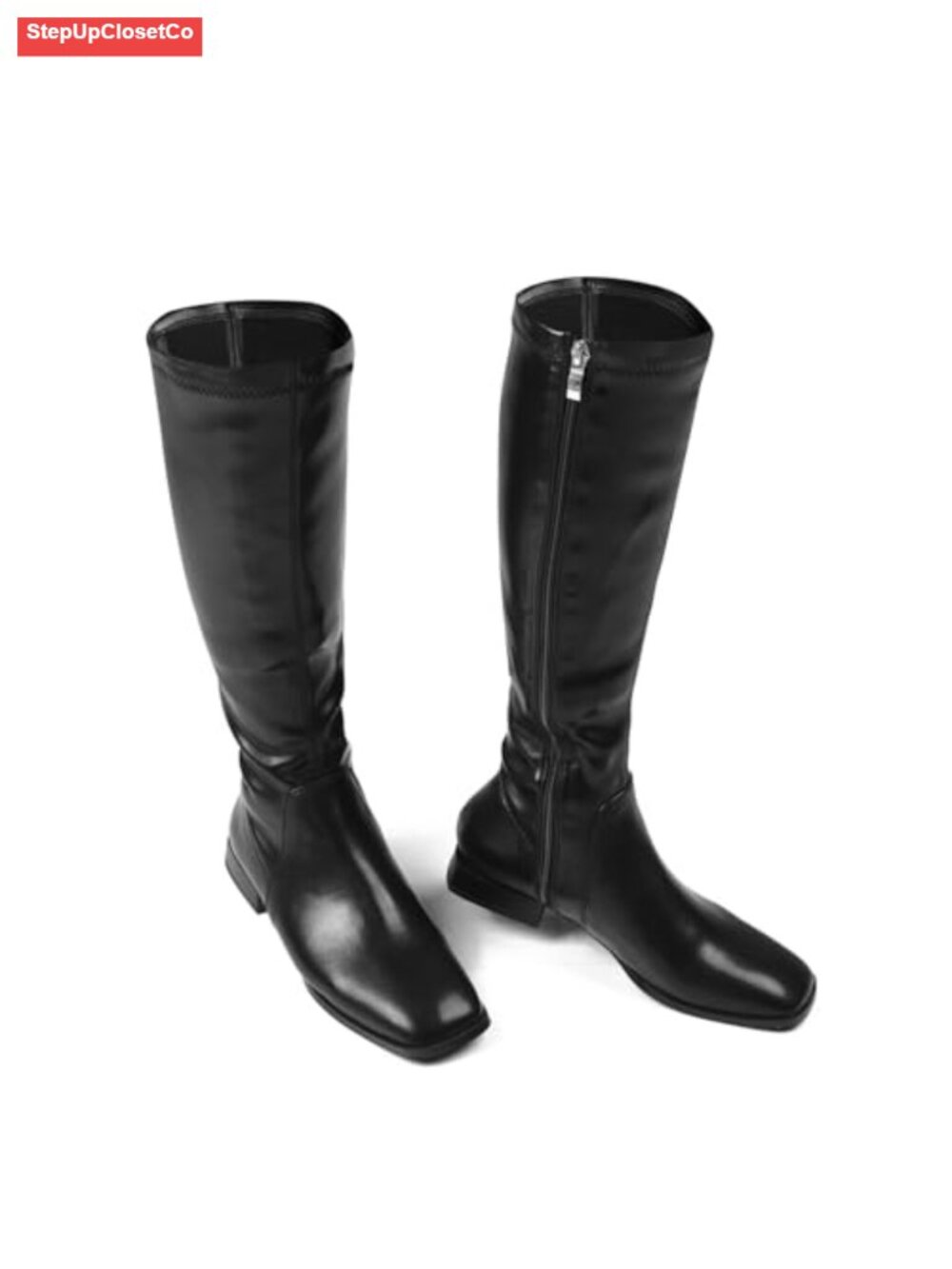 Knee High Boots for Women Square Toe Low Heel Side Zipper Vintage PU Leather